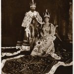 Coronation of King George V and Queen Mary consort, George V wearing the Imperial State Crown, and Royal Purple Robe of State. Mary consort wearing the State Crown of George V, and allegorically-embroidered coronation dress.      Date: 22 June 1911