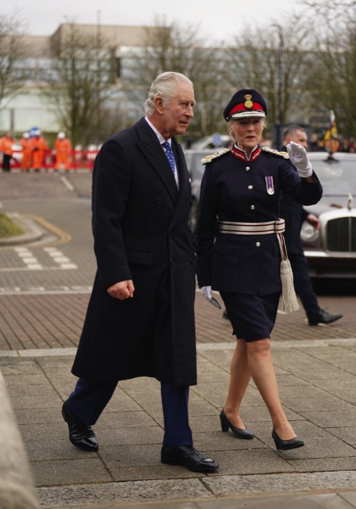 King Charles III arriving at Church of Christ the Cornerstone attend a reception for members of the local community and organisations during his visit to Milton Keynes, Buckinghamshire, to celebrate its new status as a city, awarded as part of the late Queen Elizabeth II's Platinum Jubilee celebrations, February, 2023.