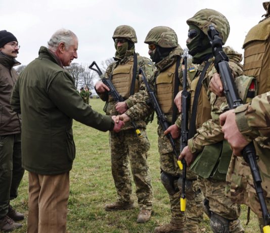 The Duchess of Edinburgh Visiting Ukraine King Charles III meets with Ukrainian recruits being trained by British and international partner forces in Wilthshire, England, Feb. 20, 2023.