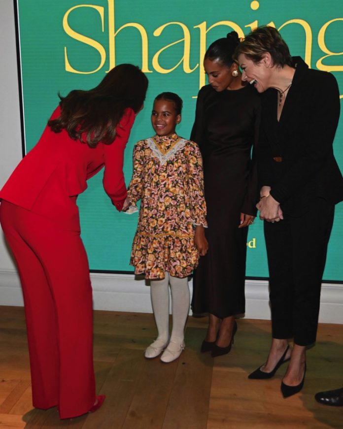 The Princess of Wales meets with Rochelle Humes and her nine-year-old daughter Alaia-Mai Humes and Kate Silverton, as she attends a pre-campaign launch event for the Shaping Us campaign at BAFTA, in London, January 30, 2023.