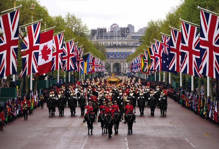 The Coronation Procession travels along The Mall following the Coronation of King Charles III and Queen Camilla in London, 2023