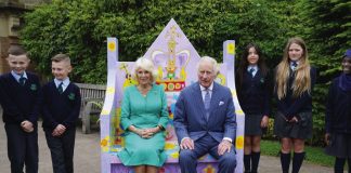 King and Queen Officially Launch Coronation Food Project King Charles III and Queen Camilla meet pupils from Belfast's Blythefield Primary School who have taken part in Historic Royal Palaces' competition to design Coronation benches at Hillsborough Castle, Co Down during a two day visit to Northern Ireland, May 24, 2023.