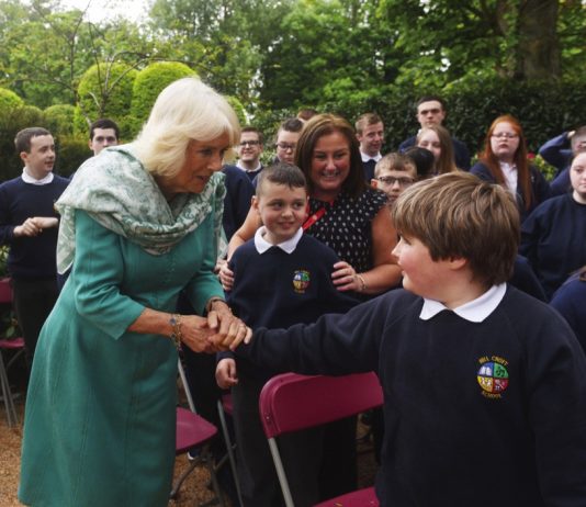 The Queen to Officially Open the New Mulberry Academy London Dock Queen Camilla meets with children from Hill Croft school during a visit to open a new Coronation Garden in Newtownabbey, Northern Ireland. May 24, 2023.