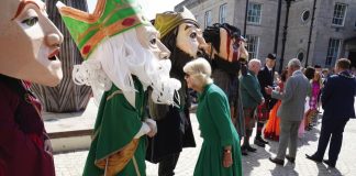 Her Majesty The Queen to Visit Kindred Studios King Charles III and Queen Camilla meet characters representing legendary and historical characters associated with Armagh during a visit to Market Theatre Square in Armagh, Northern Ireland, as part of a two day visit to Northern Ireland, May 25, 2023.