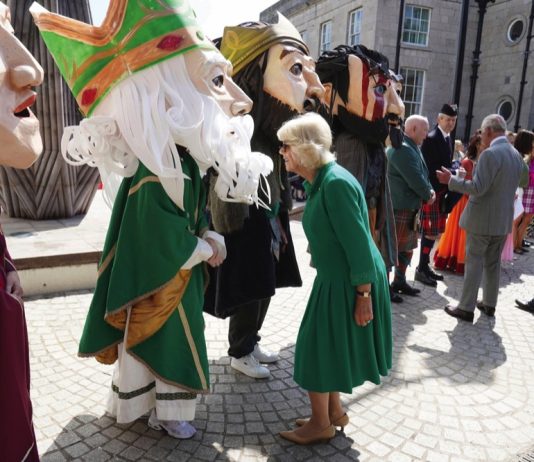 The Queen to Visit the Unicorn Theatre King Charles III and Queen Camilla meet characters representing legendary and historical characters associated with Armagh during a visit to Market Theatre Square in Armagh, Northern Ireland, as part of a two day visit to Northern Ireland, May 25, 2023.