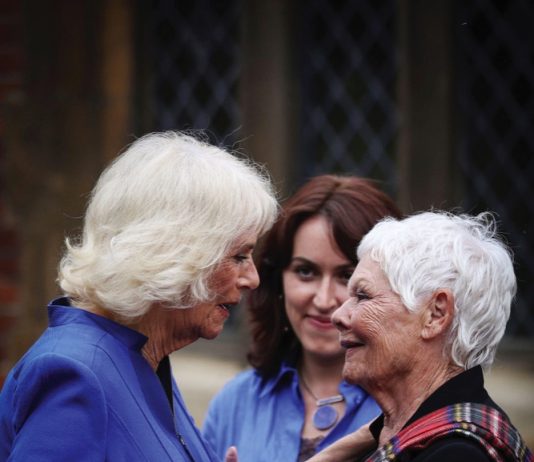 Her Majesty The Queen to Attend a ‘Celebration of Shakespeare’ Queen Camilla with Judi Dench during a reception for the inaugural Queen's Reading Room Literary Festival at Hampton Court Palace, 2023.