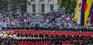 The King and The Princess Royal to Attend Presentation of New Standards Trooping the Colour for King Charles III's official birthday. For the first time in more than thirty years, the regiments taking part will include all five regiments of the Foot Guards. Also on parade will be the Household Cavalry Mounted Regiment made up of The Life Guards and The Blues and Royals who together will provide the Sovereign's Escort; and The King's Troop Royal Horse. 17th June, 2023.