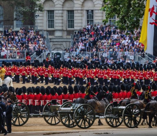 The King and The Princess Royal to Attend Presentation of New Standards Trooping the Colour for King Charles III's official birthday. For the first time in more than thirty years, the regiments taking part will include all five regiments of the Foot Guards. Also on parade will be the Household Cavalry Mounted Regiment made up of The Life Guards and The Blues and Royals who together will provide the Sovereign's Escort; and The King's Troop Royal Horse. 17th June, 2023.