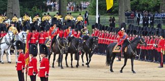 State Visit by The Emperor and Empress of Japan HM King Charles III during the King's Birthday Parade, Trooping the Colour accompanied by HRH Prince of Wales, Duke of Edinburgh and the Princess Royal at Horse Guards Parade, London, June 17 2023.