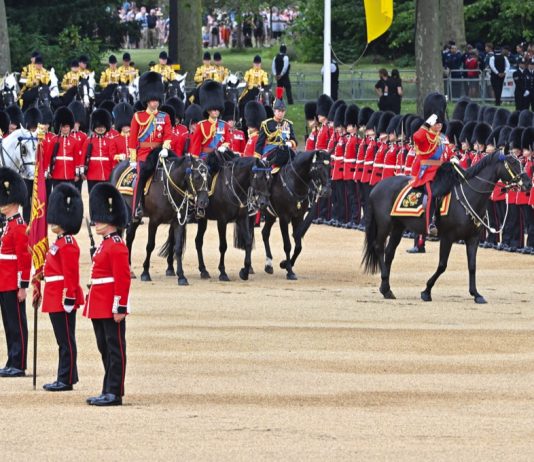 State Visit by The Emperor and Empress of Japan HM King Charles III during the King's Birthday Parade, Trooping the Colour accompanied by HRH Prince of Wales, Duke of Edinburgh and the Princess Royal at Horse Guards Parade, London, June 17 2023.