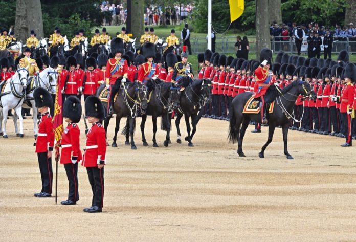 HM King Charles III during the King's Birthday Parade, Trooping the Colour accompanied by HRH Prince of Wales, Duke of Edinburgh and the Princess Royal at Horse Guards Parade, London, June 17 2023.