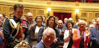 King and Queen to Visit Scottish Parliament King Charles III takes his seat during a visit to address parliamentarians in the Senate Chamber, at Luxembourg Palace in Paris, on day two of the state visit to France. September 21, 2023.