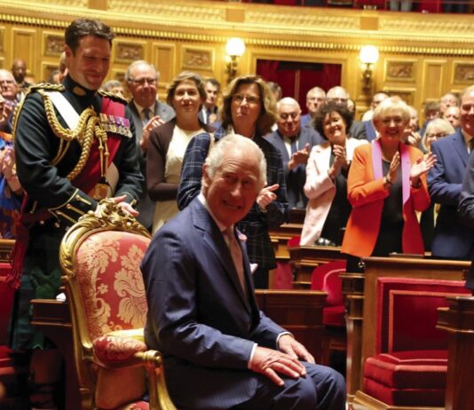 King and Queen to Visit Scottish Parliament King Charles III takes his seat during a visit to address parliamentarians in the Senate Chamber, at Luxembourg Palace in Paris, on day two of the state visit to France. September 21, 2023.