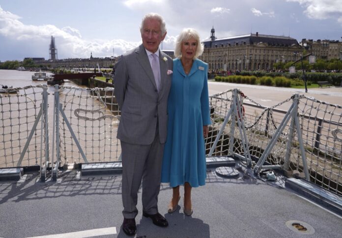King Charles III and Queen Camilla attend a reception on the flight deck of HMS Iron Duke in Bordeaux, on day three of the state visit to France, September 22, 2023.