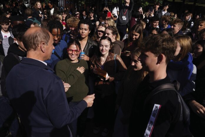 The Duke of Edinburgh, in his role as Patron of the Duke of Edinburgh's Award (DofE) charity meets students during a visit to Brighton Hove and Sussex Sixth Form College in Brighton, East Sussex, to hear from young people making a difference in their communities through their DofE. October 4, 2023.
