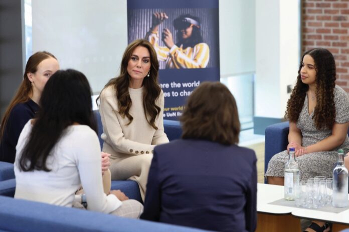 The Princess of Wales speaks to students and staff during a visit to Nottingham Trent University to learn about their mental health support system in Nottingham, England, Oct. 11, 2023.