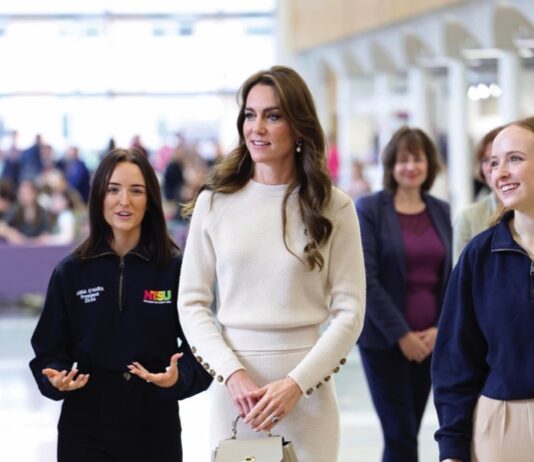 The Princess of Wales to Visit 1st The Queen’s Dragoon Guards The Princess of Wales talks to Anna O'Hara, left, President of Nottingham Trent Students' Union and Jess Nuthall, right, Union Development Officer University of Nottingham during a visit to Nottingham Trent University to learn about their mental health support system in Nottingham, England, Oct. 11, 2023.