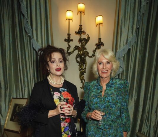 Her Majesty to Host Reception for the Booker Prize Foundation Queen Camilla and Helena Bonham Carter during a reception celebrating 30 years of the Forward Arts Foundation at Clarence House in London, October 11, 2023.