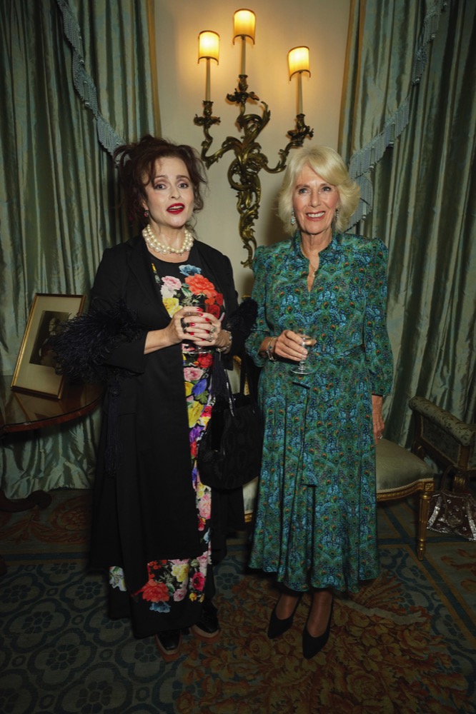 Queen Camilla and Helena Bonham Carter during a reception celebrating 30 years of the Forward Arts Foundation at Clarence House in London, October 11, 2023.