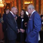 King Charles III (right) talks to inventor of the world wide web, Sir Tim Berners-Lee and his wife Rosemary Blaire Leith, also known as Lady Berners-Lee, during a reception for the 2022 and 2023 Queen Elizabeth Prize for Engineering at Buckingham Palace i