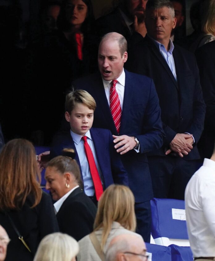 The Prince of Wales and his son Prince George in the stands before the Rugby World Cup 2023 quarter final match at Stade de Marseille, France, October 14, 2023.