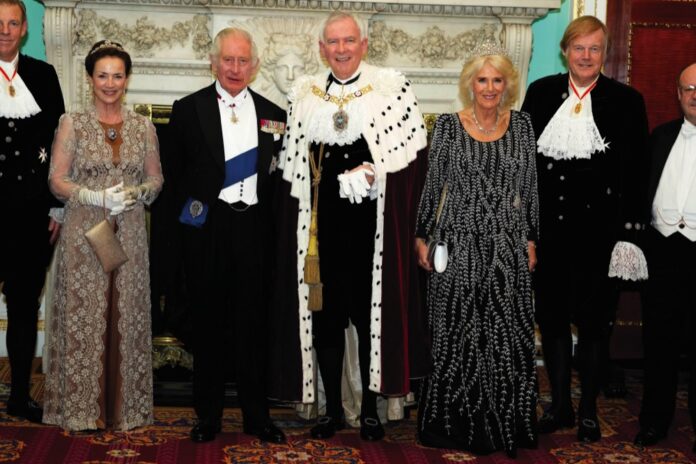 King Charles III and Queen Camilla attend a reception at Mansion House in London, Oct. 18, 2023.