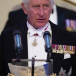 Britain’s King Charles III addresses assembled guests at Mansion House in London, Wednesday, Oct. 18, 2023. The King and Queen attended a dinner at Mansion House, to recognise the work of the City of London civic institutions and Livery Companies ? the ci
