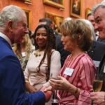 Britain’s King Charles III meets composer Roxanna Panufnik and others involved in the planning the funeral of Queen Elizabeth II and the Coronation of the King during a reception at Buckingham Palace, London, Thursday Oct. 19, 2023. Representatives and or