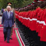 King Charles III and Queen Camilla are welcomed by the President of Kenya Dr William Ruto and the First Lady Rachel Ruto as they arrive at the State House in Nairobi on day one of the state visit to Kenya. Picture date: Tuesday October 31, 2023.