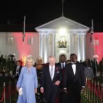 King Charles III and Queen Camilla with President of Kenya Dr William Ruto arrive to attend a state banquet at State House in Nairobi, on day one of the state visit to Kenya. Picture date: Tuesday October 31, 2023.