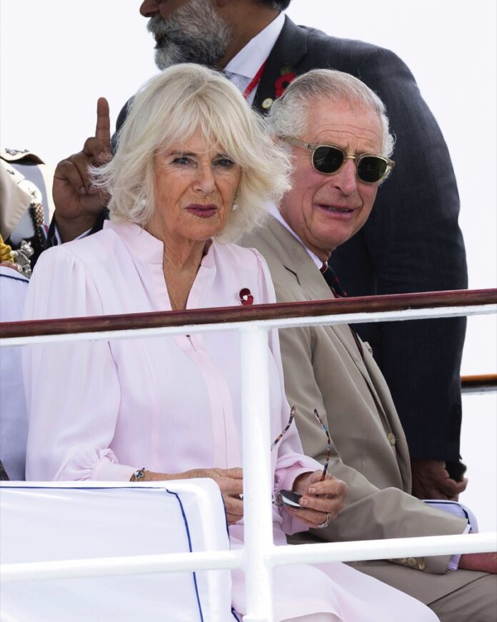 King Charles III, as Captain General of the Royal Marines, and Queen Camilla, during a visit to Mtongwe Naval Base in Mombasa, on day three of the State Visit to Kenya. Thursday November 2, 2023.