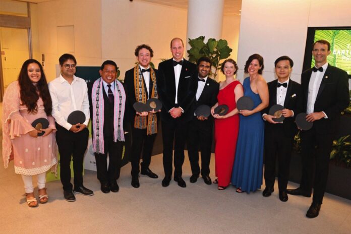 Prince William with the 2023 Earthshot Prize winners (from left) S4S Technologies co-founder Nidhi Pant; S4S Technologies chief executive Vaibhav Tidke; Accion Andina president Constantino Aucca Chutas; Mr Florent Kaiser, CEO of Global Forest Generation, which is a co-founding organisation of Accion Andina; Boomitra CEO and founder Aadith Moorthy; WildAid marine programme director Emily Owen; WildAid chief operating officer Meaghan Brosnan; GRST CEO and co-founder Justin Hung; and GRST chief financial officer Frank Harley Singapore, 7 November 2023