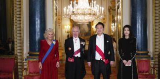 Princess Royal and Duchess of Edinburgh to Host Reception for Korean War Veterans Queen Camilla, King Charles III, President of South Korea Yoon Suk Yeol and his wife Kim Keon Hee ahead of the State Banquet at Buckingham Palace, London, for the state visit to the UK by the President of South Korea. November 21, 2023.