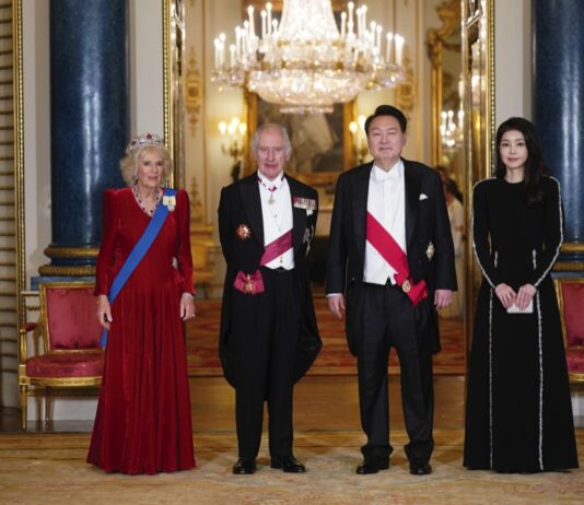 Princess Royal and Duchess of Edinburgh to Host Reception for Korean War Veterans Queen Camilla, King Charles III, President of South Korea Yoon Suk Yeol and his wife Kim Keon Hee ahead of the State Banquet at Buckingham Palace, London, for the state visit to the UK by the President of South Korea. November 21, 2023.