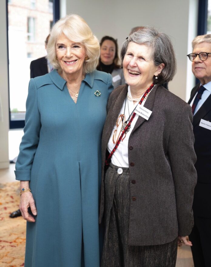 Queen Camilla with Viscountess Marcia Blakenham during her visit to London's Royal Free Hospital to officially open Maggie's Royal Free, a new cancer support centre at the hospital. January 31, 2024.