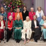 Queen Camilla meets (front row third left) with Dames (left to right back row) Joanna Lumley, Floella Benjamin, Twiggy Lawson, Harriet Walter, Penelope Wilton, Maureen Lipman (left to right front row) Virginia McKenna, Sian Phillips, Vanessa Redgrave, Pen