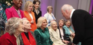 The Queen to Celebrate National Literacy Trust’s 30th Anniversary Gyles Brandreth speaks to Queen Camilla alongside Floella Benjamin, Twiggy Lawson, Harriet Walter, Maureen Lipman (left to right front row) Virginia McKenna, Sian Phillips, Vanessa Redgrave, Penelope Keith and Patricia Routledge at a Celebration of Shakespeare event at Grosvenor House, central London, marking 400 years since the first Shakespeare folio. February 14, 2024.