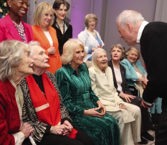 The Queen to Celebrate National Literacy Trust’s 30th Anniversary Gyles Brandreth speaks to Queen Camilla alongside Floella Benjamin, Twiggy Lawson, Harriet Walter, Maureen Lipman (left to right front row) Virginia McKenna, Sian Phillips, Vanessa Redgrave, Penelope Keith and Patricia Routledge at a Celebration of Shakespeare event at Grosvenor House, central London, marking 400 years since the first Shakespeare folio. February 14, 2024.
