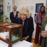 Queen Camilla talking to Cordelia Plunket, mother of Camilla’s equerry, Major Ollie Plunket and viewing her artwork during a visit to visit Kindred Studios’ pop-up hub in Shepherds Bush, west London, an art studios and creative space encouraging arts, cra