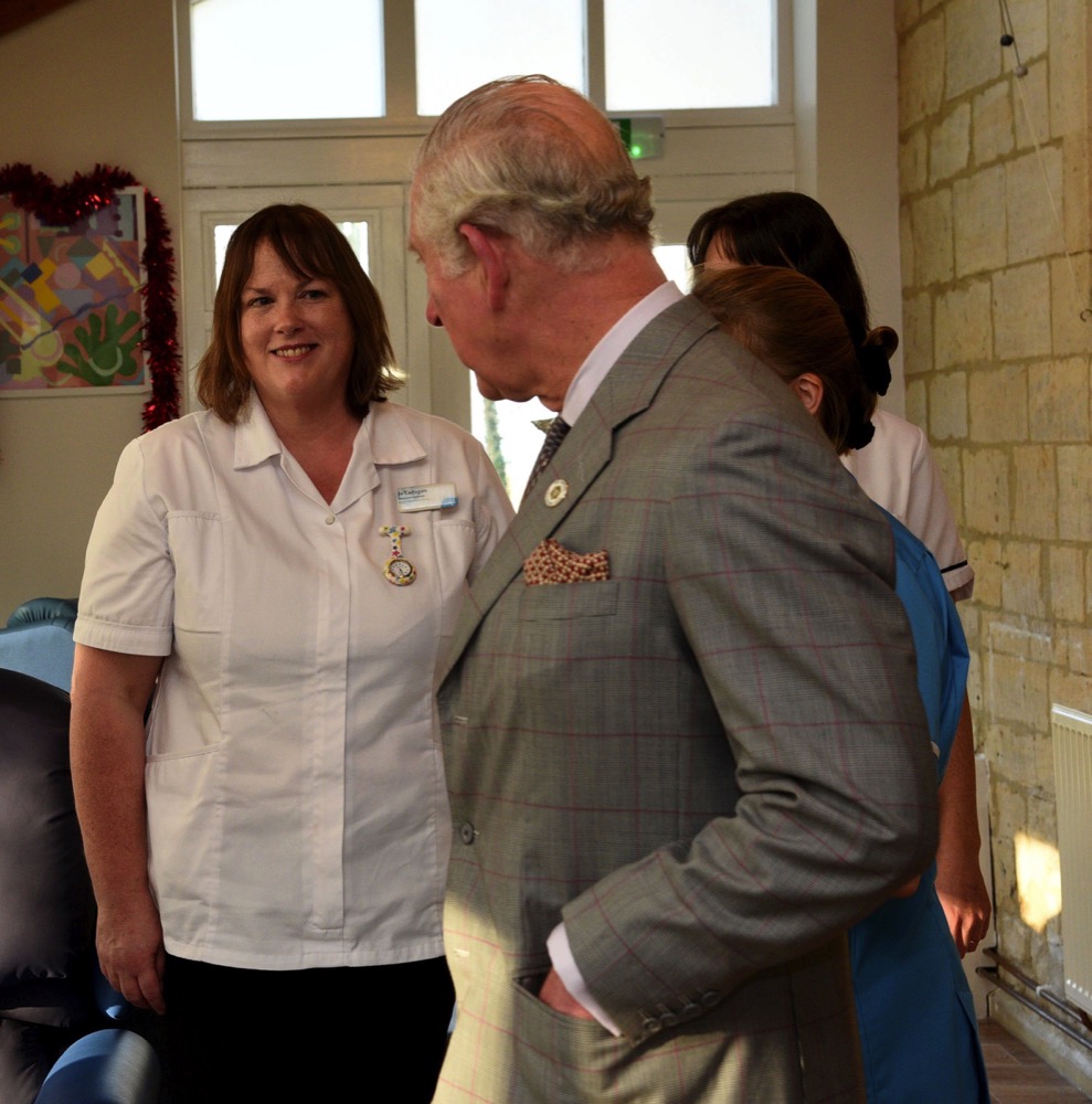 Sue Ryder Leckhampton Court Hospice's Jo Cadogan on a visit from His Majesty in 2018 during his patronage as Prince of Wales. Credit: Rob Lacey