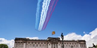 Exclusive Guided Tour, Buckingham Palace The Red Arrows fly over Buckingham Palace at Trooping the Colour, the King's Birthday celebration, 15th June, 2024.