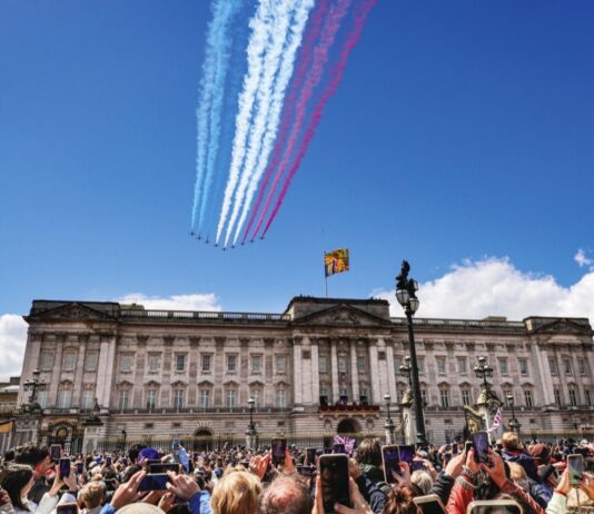 Exclusive Guided Tour, Buckingham Palace The Red Arrows fly over Buckingham Palace at Trooping the Colour, the King's Birthday celebration, 15th June, 2024.